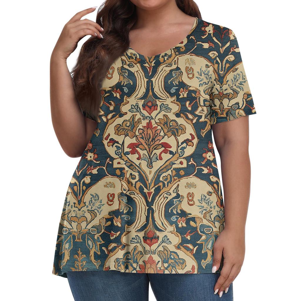Women's Fashion Casual V-Neck Pullover Short Sleeve Large Size Vintage Printed Top