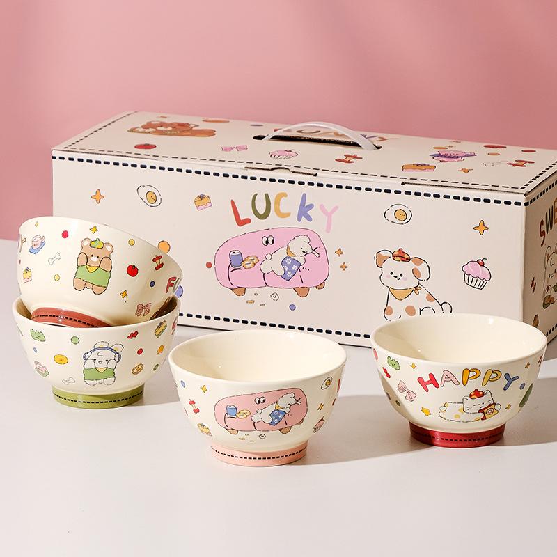 Cute Rice Bowl 2025 Tableware Household Bowl Gift Box Set Cartoon Dessert Bowl Souvenir Ceramic Rice Bowl