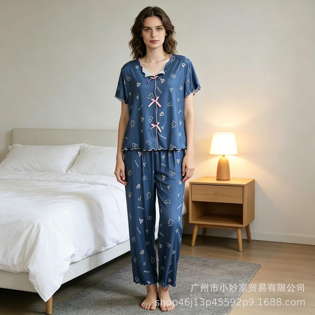 Pajamas Crimped Print Pink Short-sleeved Trousers Set Threaded Casual Sweet Loungewear