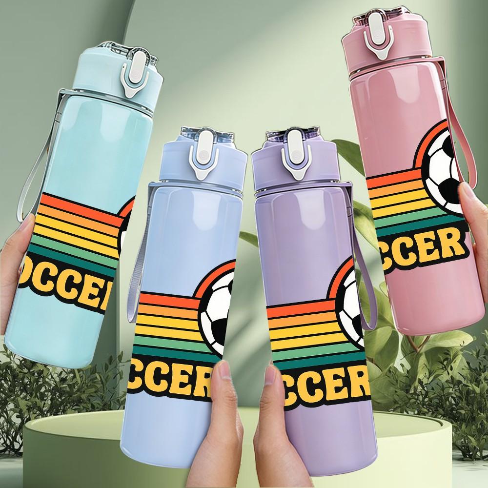 1PC Retro Striped Soccer Logo Print 750ml Color Plastic Sports Water Bottle Leakproof Flip Straw Lid Suitable for Sports Office Home Use