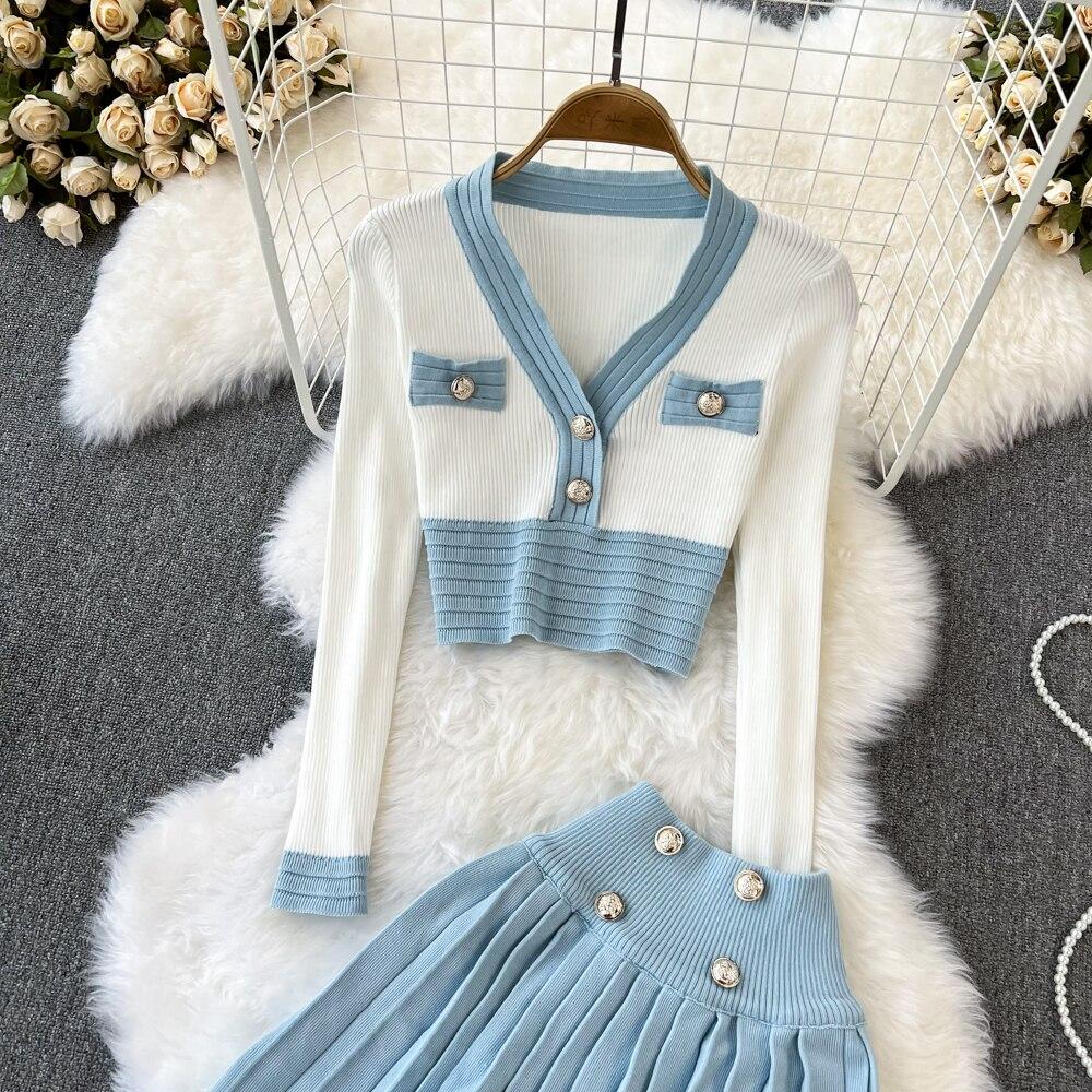 Herbst und Winter V-Ausschnitt Kontrastfarbe Schlanker Strickpullover Oberteil Hohe Taille A-Linie Faltenrock Mode Zweiteiliges Set