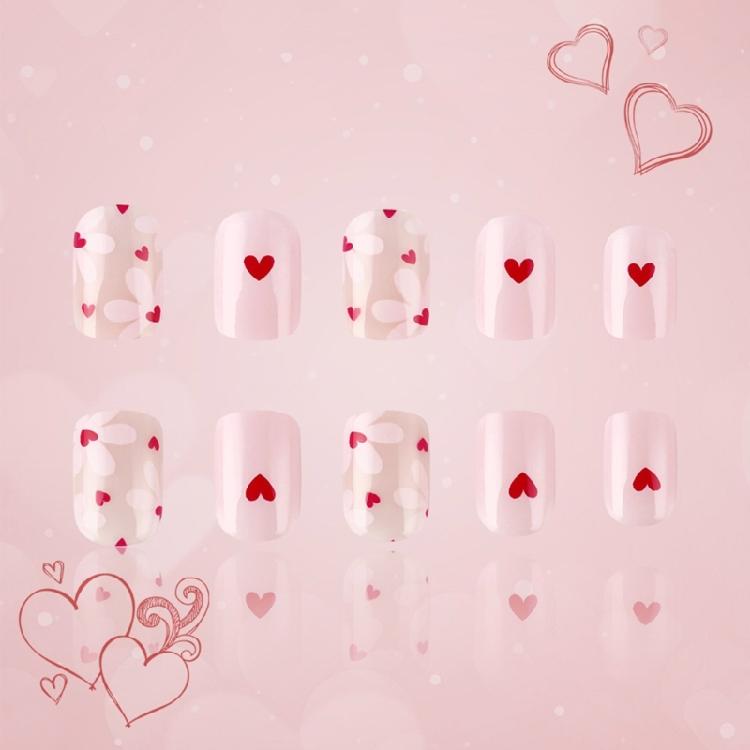 24 Pcs Short False Nail Love Heart Full Cover Stick on Nail Valentines Day Artificial Nail Press On Nail for Women