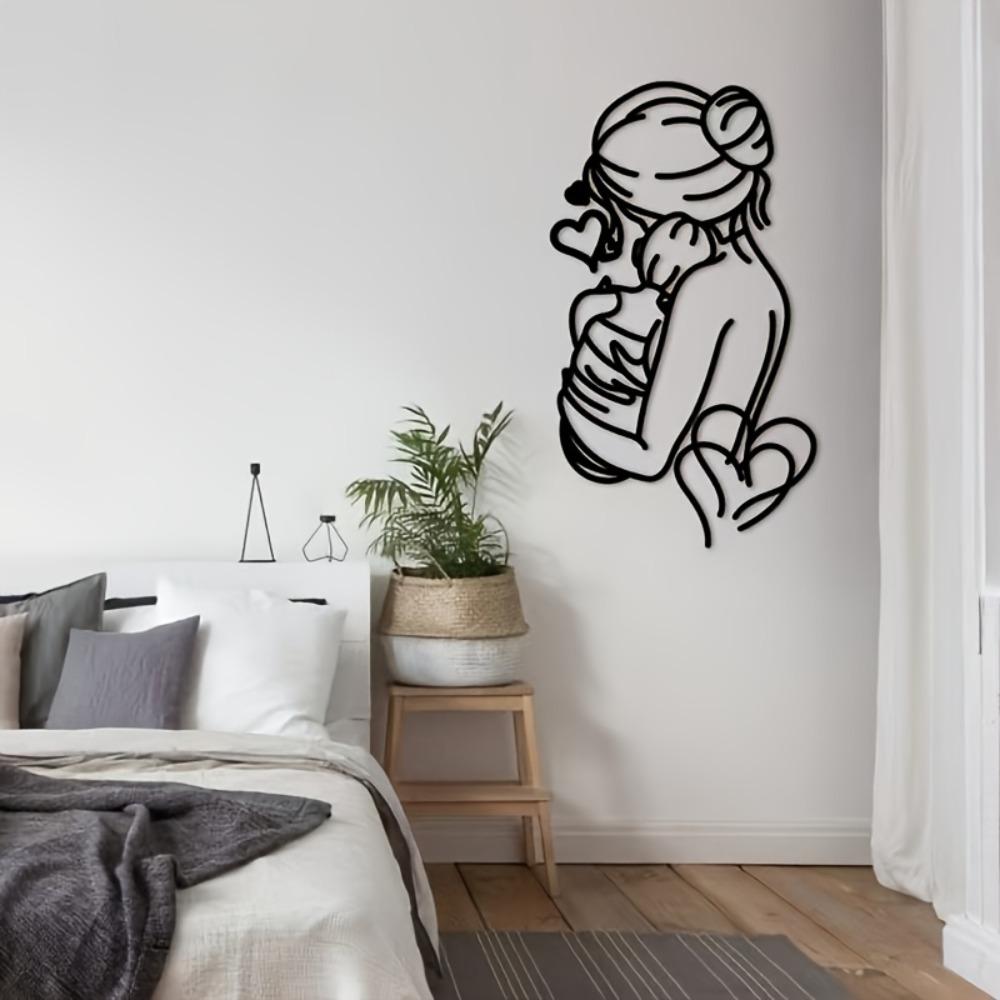 Metal Wall Art Mother and Child 2D Flat Sculpture Family Sign Minimalist Decor for Living Room First Mother's Day Gift for New Mom