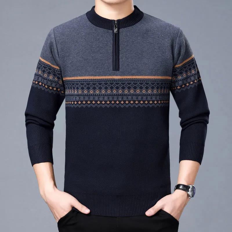 

Мужской свитер с круглым вырезом, осень-зима, бархатный толстый теплый пуловер, трикотажная полосатая рубашка с половиной молнии, нижнее белье для среднего и пожилого возраста XL