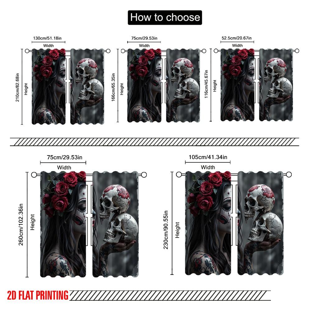 2pcs,2D Plane Printing Curtains Digital Printed Gothic Roses Skulls Durable 100% Polyester Fabric (without Rod) Versatile All