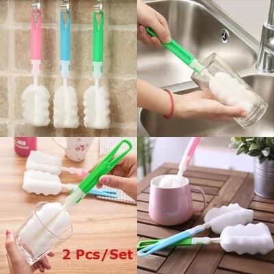 NEW 2 Pcs Sponge Baby Milk Feeding Bottle Brush Nipple Cleaning Cup Scrubber Washing Brushes Kitchen Cleaner