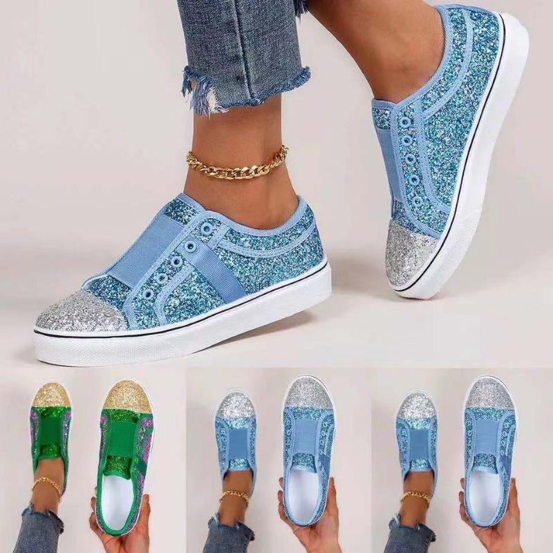 Spring and Autumn Large Size Sequined Board Shoes Flat Bottom Low Top Round Head Casual Women's Glitter Color Matching Women's Single Shoes