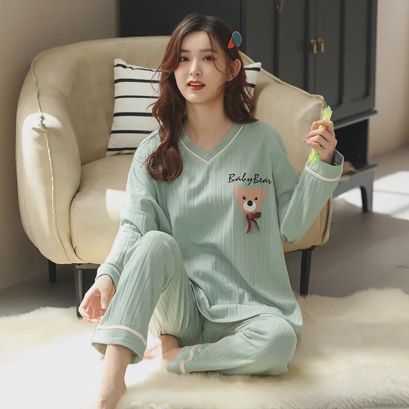 

Женский хлопковый пижамный комплект с V-образным вырезом - длинный рукав, однотонный, с принтом медведя, свободный крой, весна/осень XXL