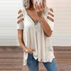 Womens Sexy V-neck Collar Zipper Color Short Sleeve Fold Casual Blouse Tops