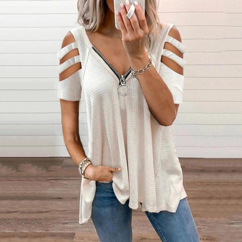 Womens Sexy V-neck Collar Zipper Color Short Sleeve Fold Casual Blouse Tops