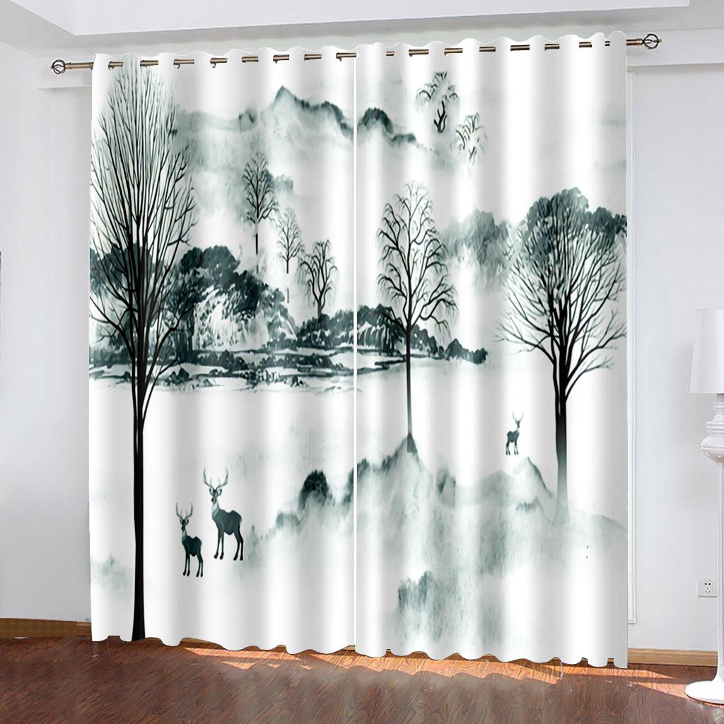 3D Chinese Style Ink Painting Series Luxury Home Sunshade Curtains 2 Pieces of Living Room Bedroom Decoration Hook Punch