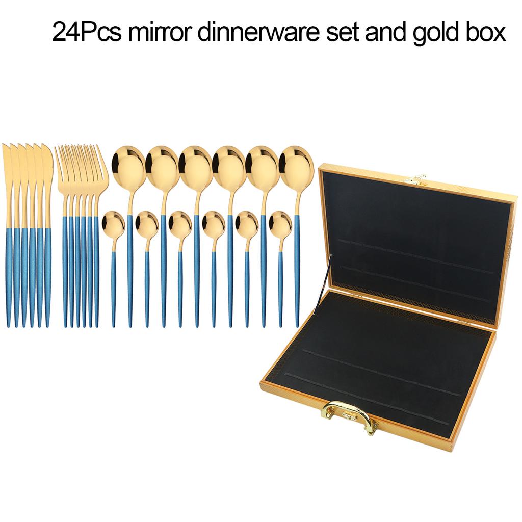 24Pcs Black Gold Dinnerware Set with Box Knives Fork Tea Spoon Cutlery Set Stainless Steel Silverware Tableware Kitchen Flatware