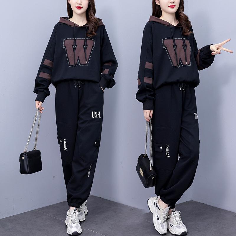 Plus Size Oblek pro tlustou sestru Dámský plus sametový silný podzimní mikina s kapucí harémové kalhoty ležérní dvoudílný oblek