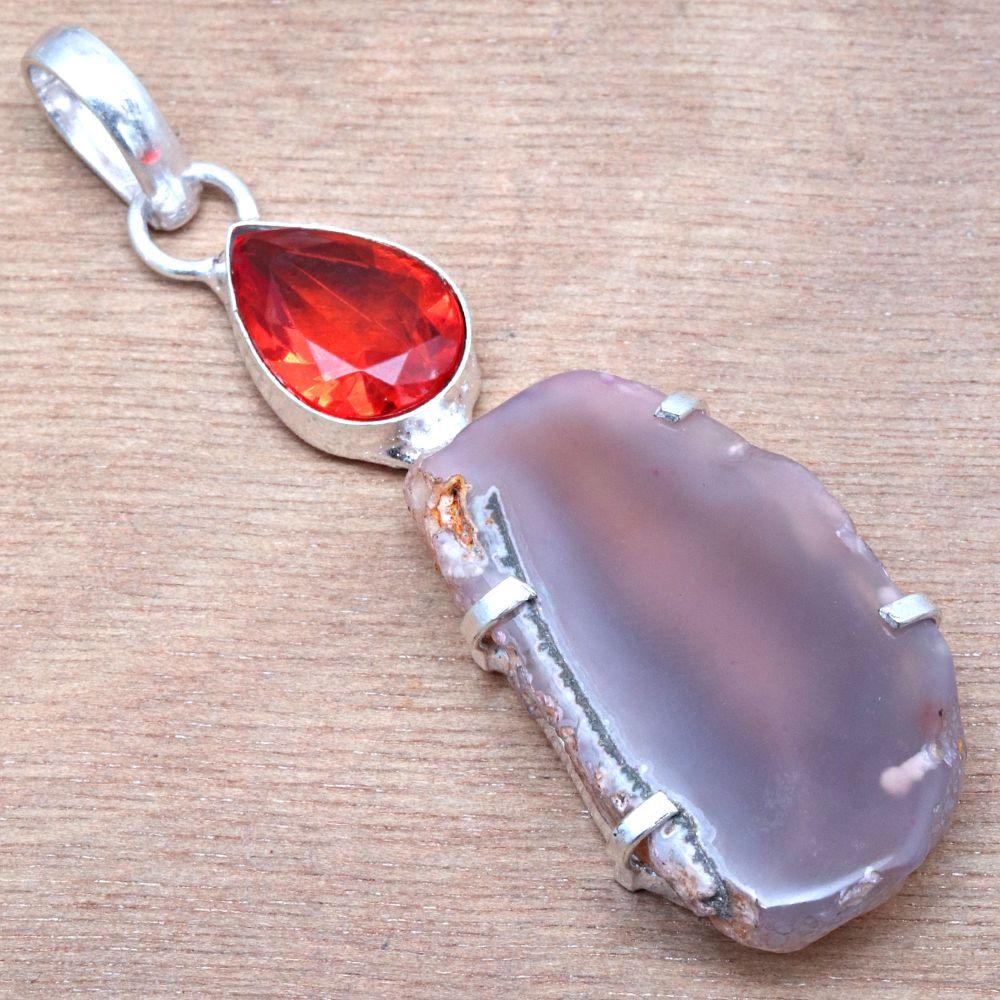 Pendant Pink Slice Drusy Gemstone Handmade Silver Jewelry 2.75"