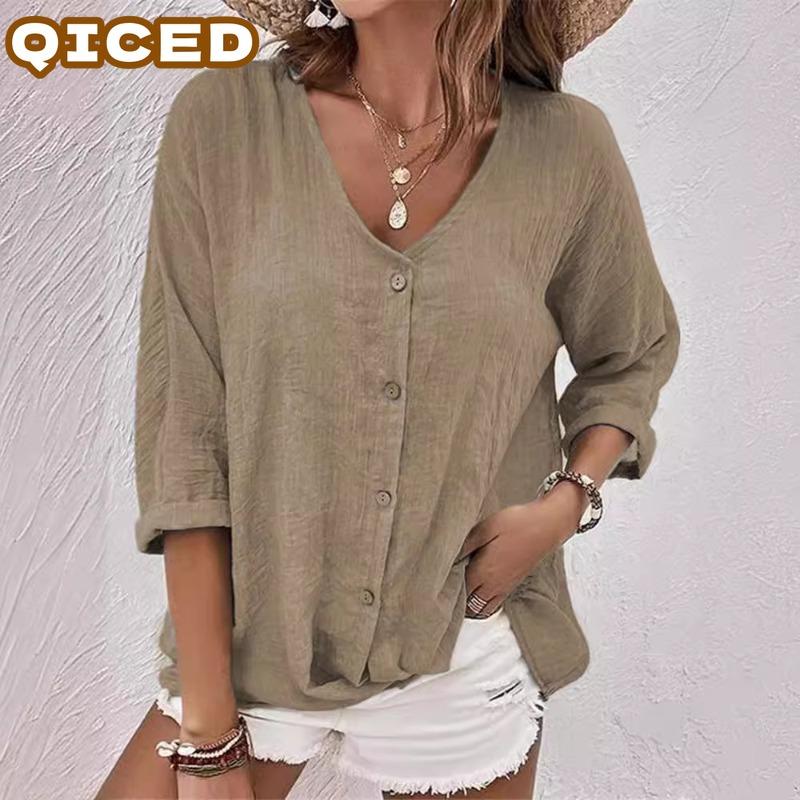 QICED Women's Fashion Casual Solid Color Print Short Sleeve V Neck Blouses & Shirts