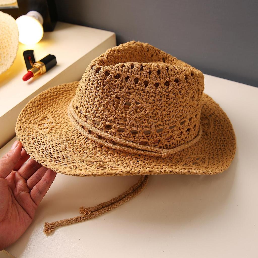 New Hand-woven Straw Hat Women's Hollow Spring and Summer Breathable Men's and Women's Couple Hats Sun Protection Western Cowboy Hat