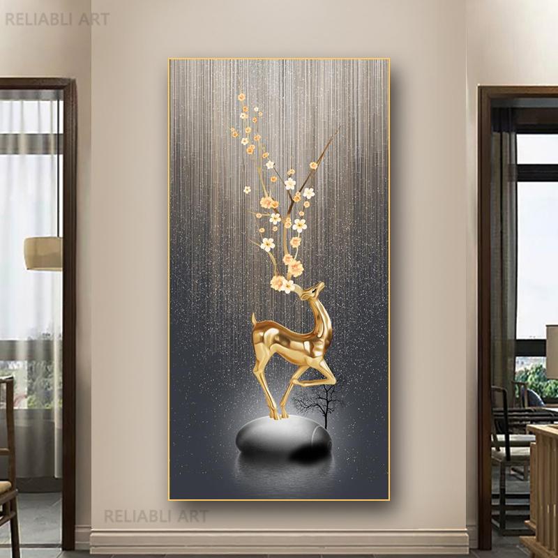 New Chinese Fengshui Golden Deer Canvas Painting Abstract Zen Stone Posters and Prints Modern Luxury Wall Art for Porch Decor