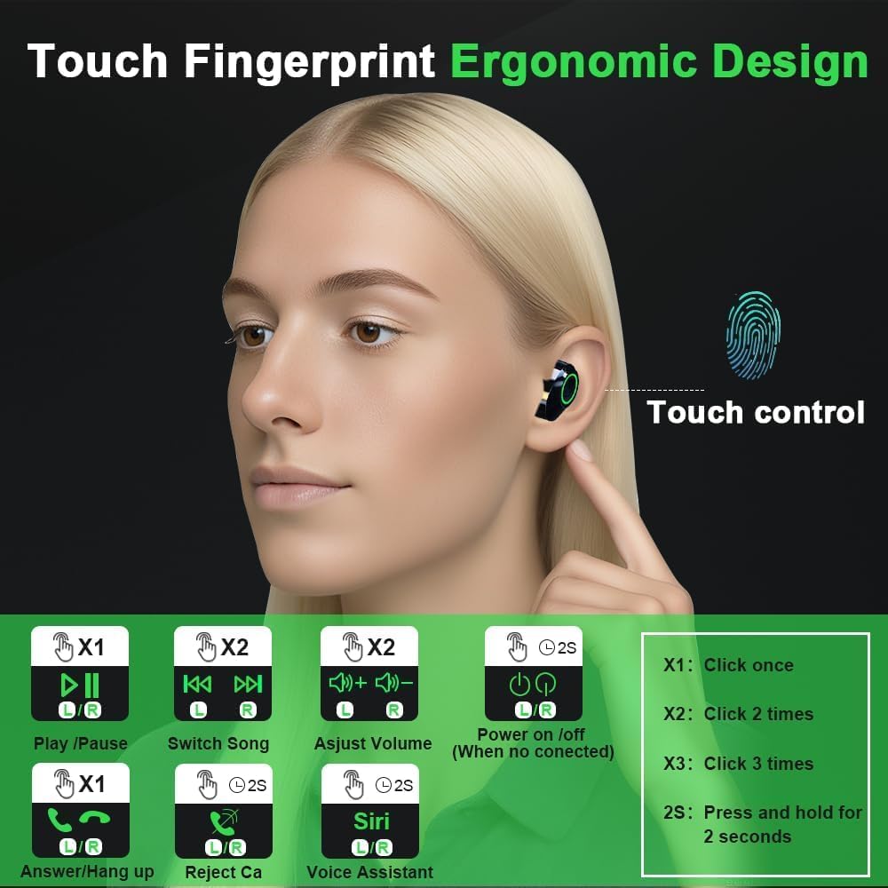 Wireless Earbuds,Wireless Heasphone, Bluetooth 5.4 Mini Earphone Headphones IPX7 Waterproof,20 Hours Playing Time,Touch Control HiFi Digital LED
