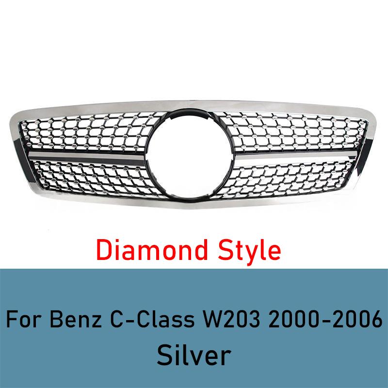 For Mercedes C-Class W203 2000-2006 Front Grill Grille Mesh ABS Black Chrome Car Grille  Tuning Accessories Facelift