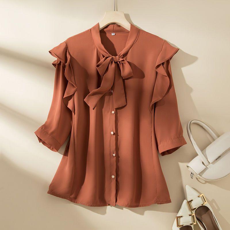 

WTEMPO Бренд Niche Chic шифонова блуза з тонким бантом Temperament Hundred з рукавом у сім точок Тонка сорочка Модна повсякденна Hundred з верхньою одягом Топи 2XL