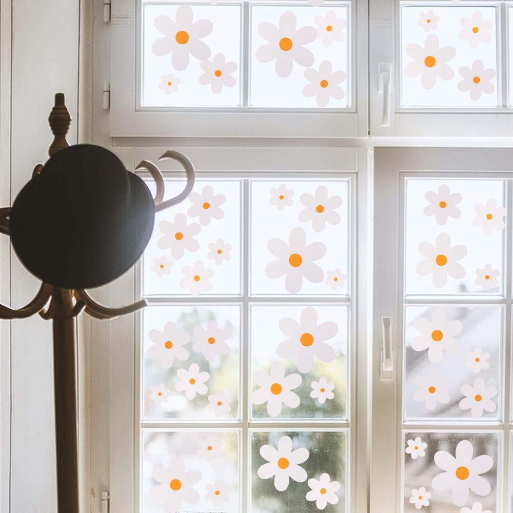 6Sheets/72Pcs/Set PVC Daisy Window Stickers Double Sided Waterproof Flower Wall Stickers Spring Style White Glass Stickers