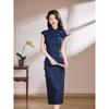 1011 new navy blue rhombus plaid improved cheongsam retro style short-sleeved long young daily wear dress