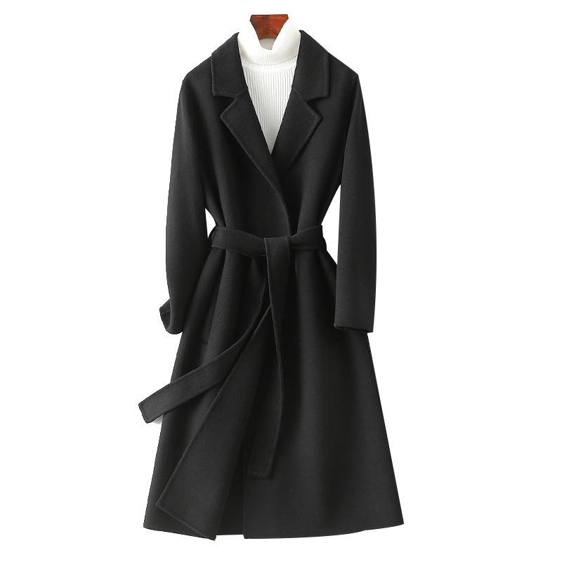 Double-sided wool coat women's medium and long new slim-fitting and thin suit collar black tooling woolen coat