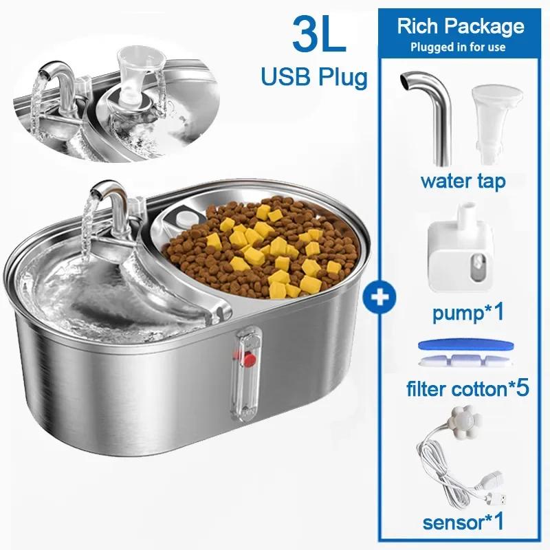 Cat Water Fountain Stainless Steel Pet Drinking Automatic Water Dispenser 3L Large Capacity Intelligent Feeding Food Dual Bowls