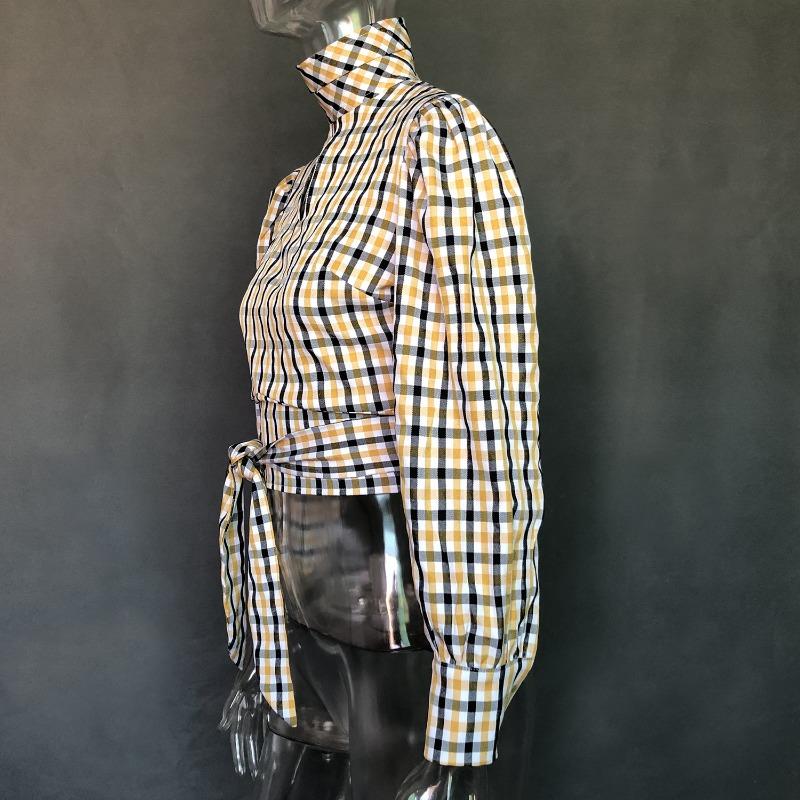 Sommer Herbst Damen Langarm Sexy Rückenfrei Kariertes Oberteil