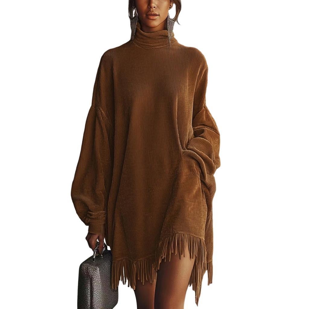 Women's Turtleneck Fringe Minied Dress, Ribbed Corduroy Dress, Casual Loose Color Pocket Dress