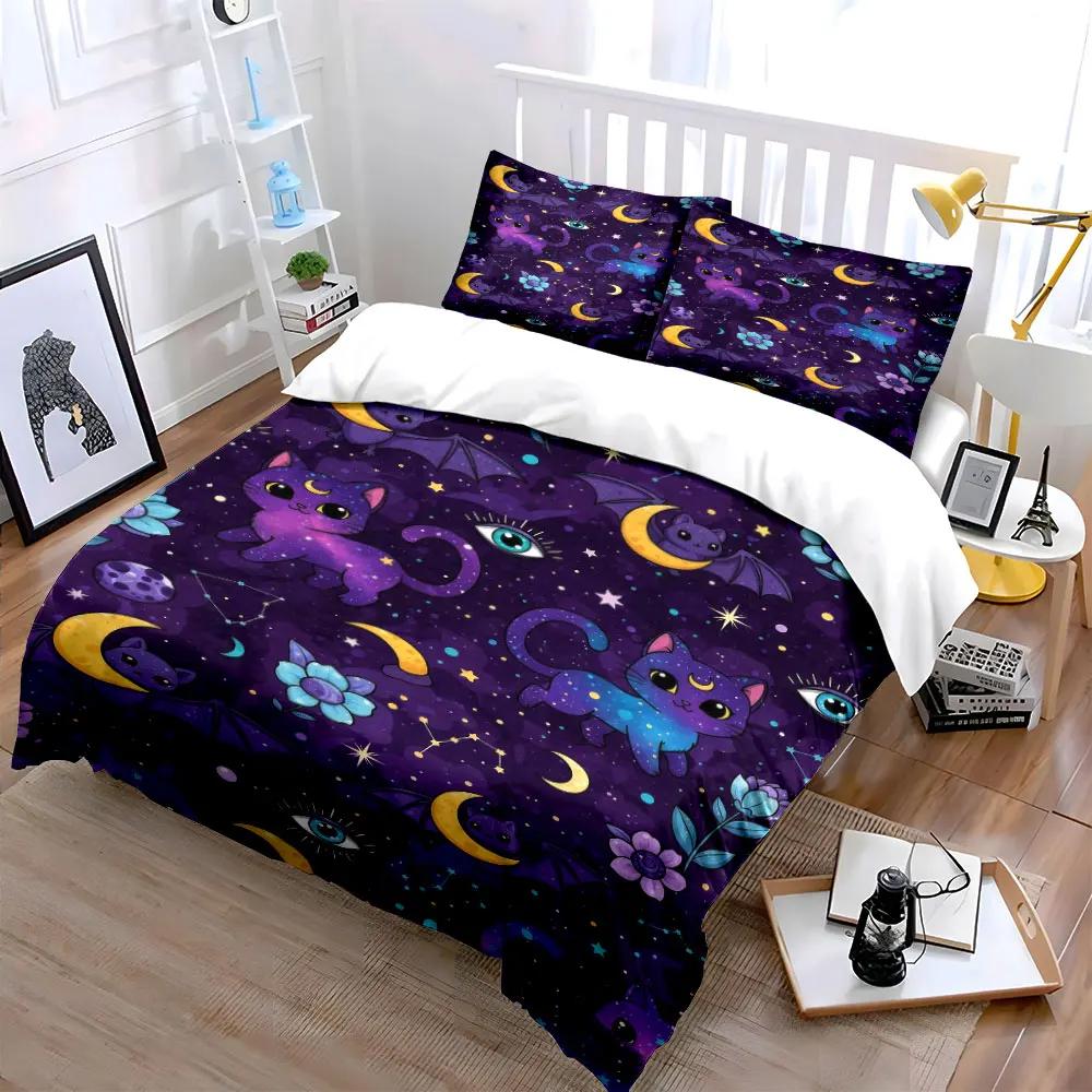 "Galaxy Cat Bat Decor Set" Bedding Set with 1 Duvet Cover 2 Pillowcases Single Double King Queen Gift