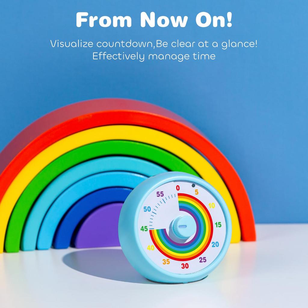 60-Minute Visual Timer for Kids, Countdown Timer for Classroom & Kitchen, Desk Timer for Study, Rainbow Print Kids Time Manager Tool (Blue)
