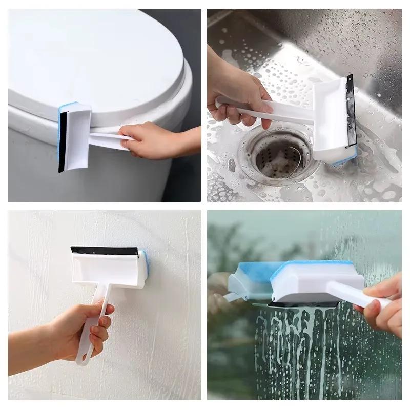 2 In 1 Double Sided Glass Cleaner Brush Sponge Squeegee for Windows Mirrors Shower Long Handle Bathroom Car Windshield Cleaning