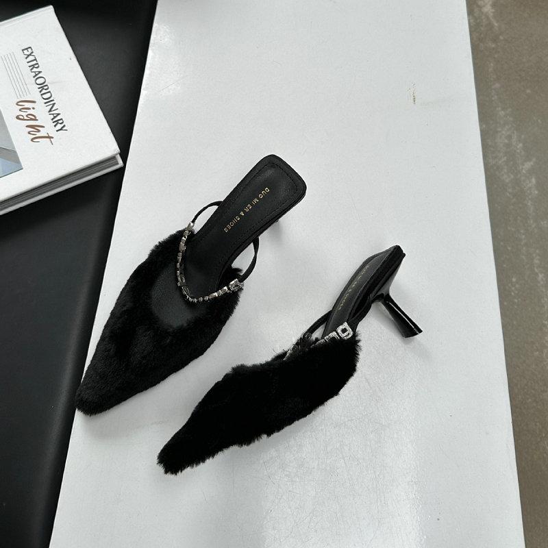 Fashion 2025 New Pointy Thin Heels Europe And The United States Fashion High Heels Fur Shoes Bao Head Sandals Empty A Line With A Middle