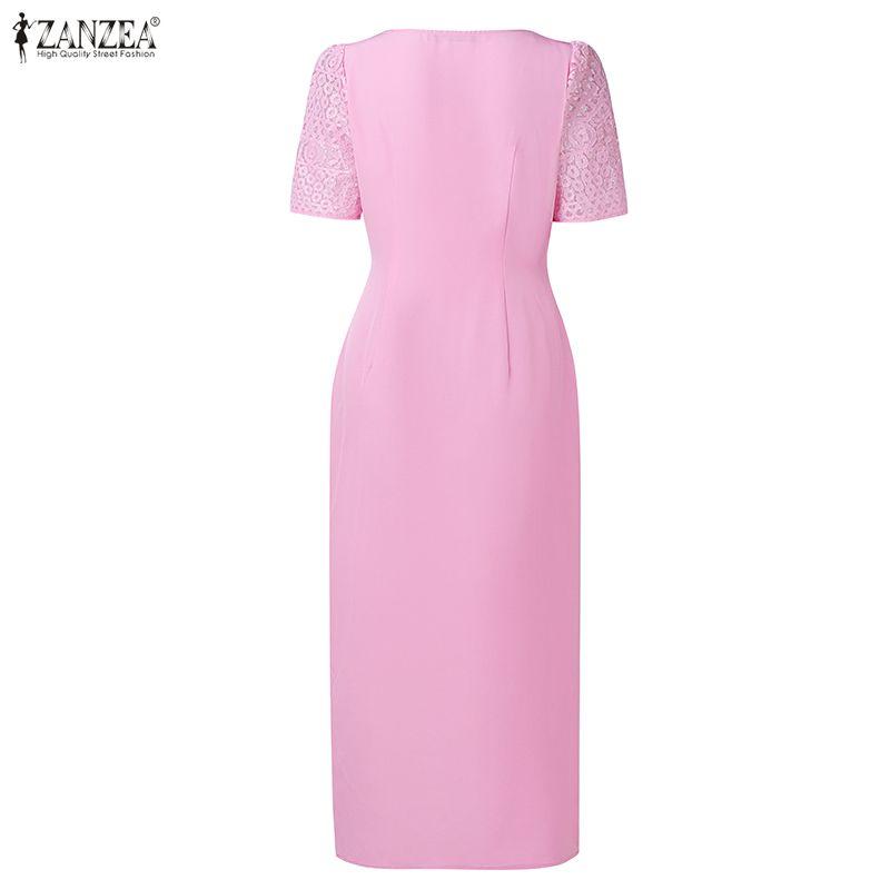 ZANZEA Women Square Collar Summer Casual Short Sleeve Patchwork Lace Dress