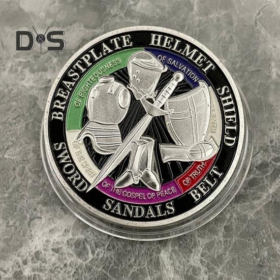 Münze „Rüstung Gottes“, Metall-Souvenirmünze mit 4 cm Durchmesser, „Legen Sie die ganze Rüstung Gottes an“, doppelseitige Herausforderungsmünze für gepanzerte Soldaten für die Militärkirche