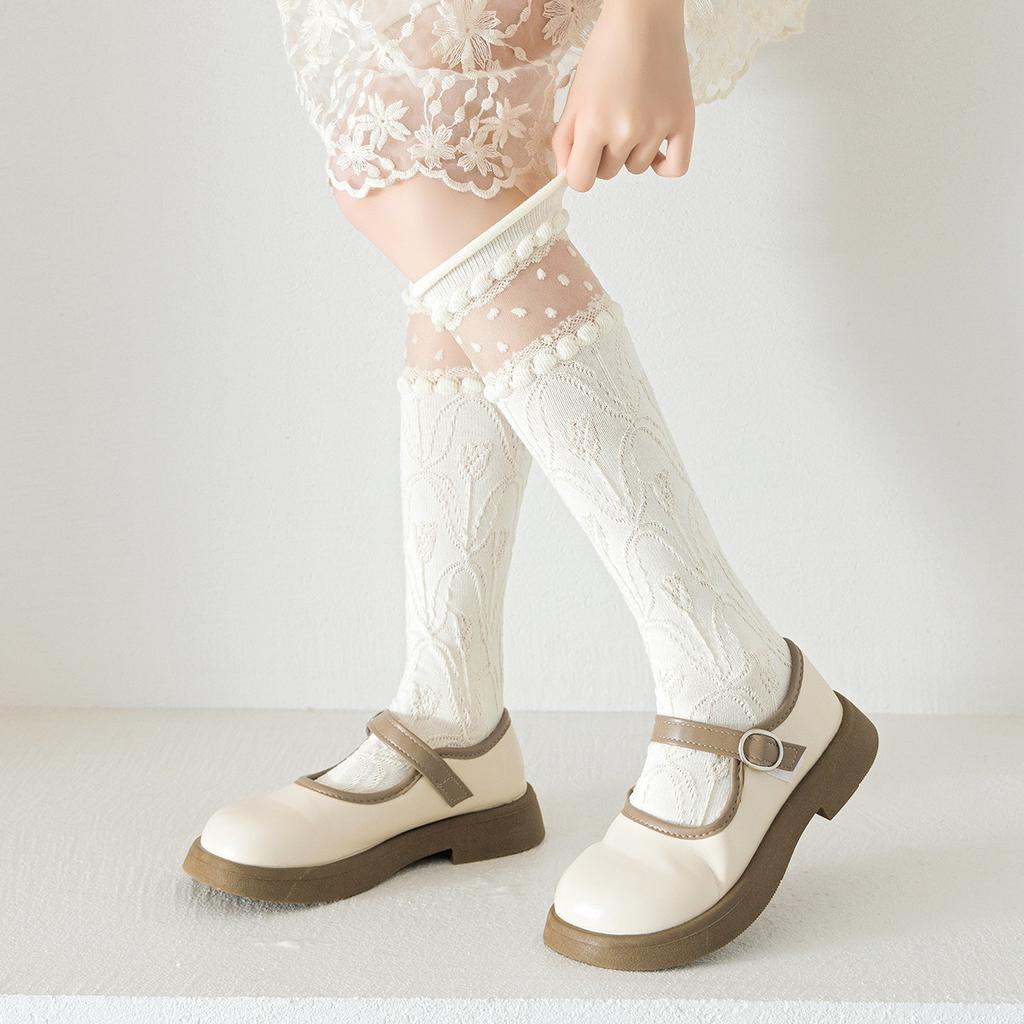 Sweet Japanese White Princess Calf Socks for Kids Girls Beige Floral Soft Cotton School Socks for Spring and Autumn