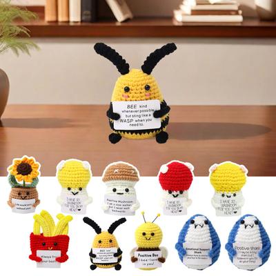 Crochet Positive Mushroom with Card Emotional Support Handmade Knitting Potted Sunflower French