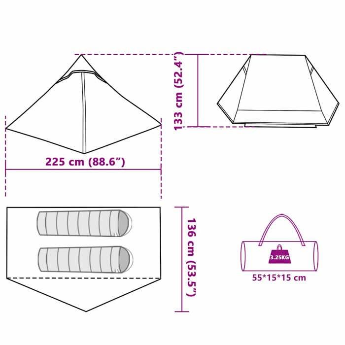 Camping Tent - vidaXL - 2 Persons - Waterproof - Grey - Easy To Set Up