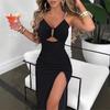 Women's V Neck Sleeveless Maxi Dress Bodycon Mid Rise Urban Chain Cutout High Slit Dress