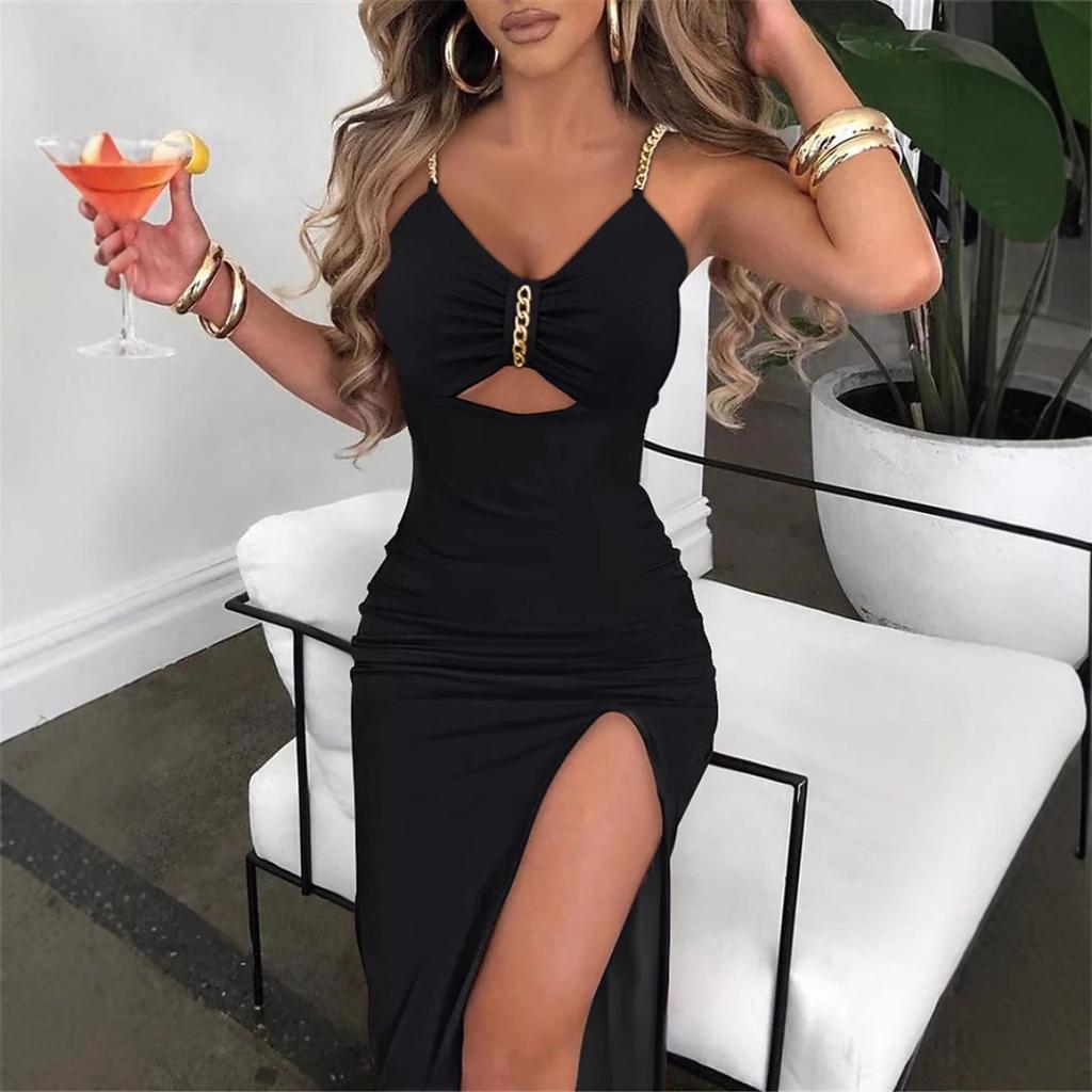 Abito Maxi da Donna Scollo a V Senza Maniche Bodycon Vita Media Cutout a Catena Urbana Spacco Alto