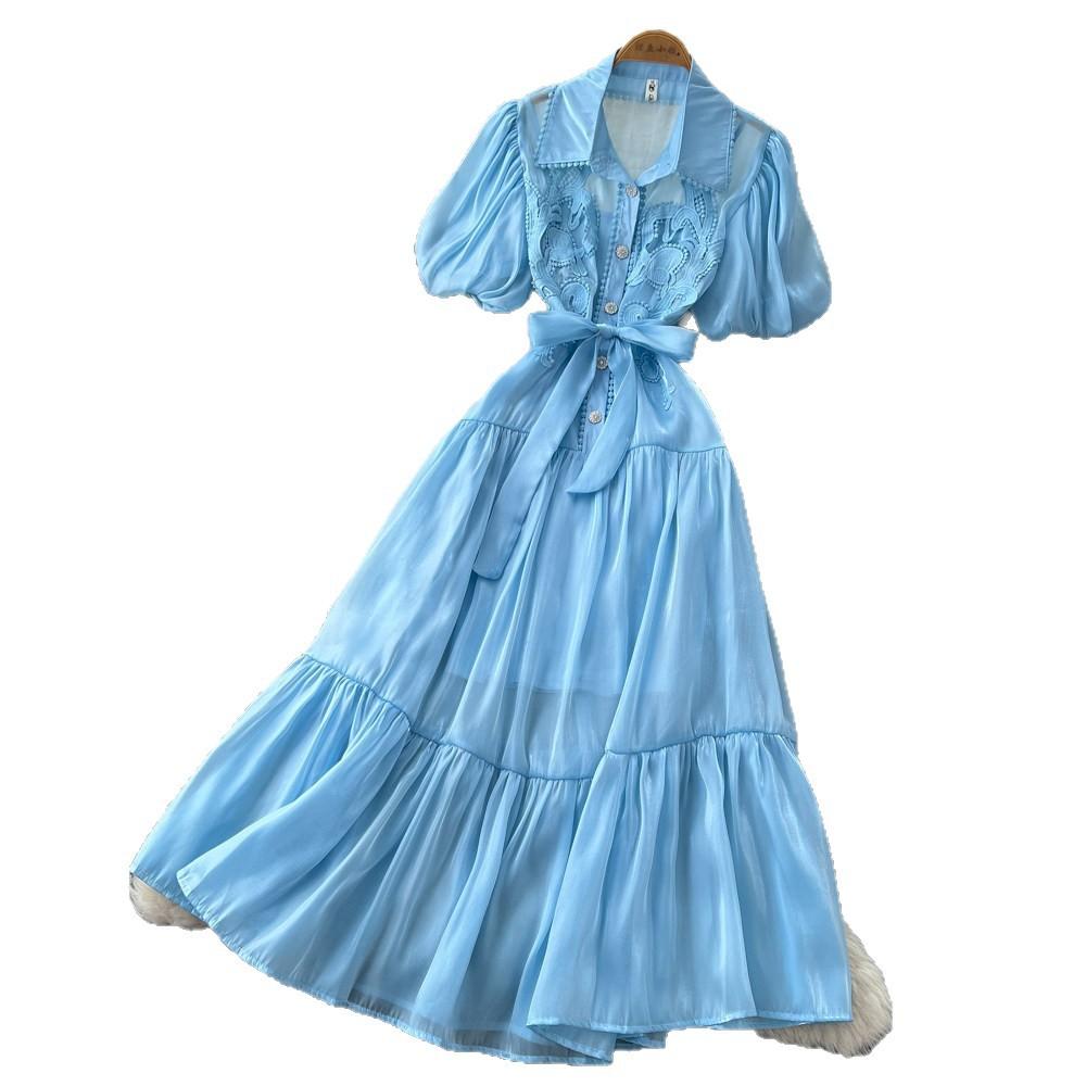 French Gentle Wind Pink Lantern Sleeve Dress Women's Summer Romantic Wind Lace-up Waist A-shaped Dress Skinny Commuter