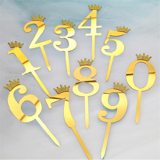 10 ks Zlaté lesklé číslo na dortové zdobení 0-9 Zlaté párátka s korunkou DIY zdobení cupcaků pro narozeninovou oslavu Svatbu Výročí