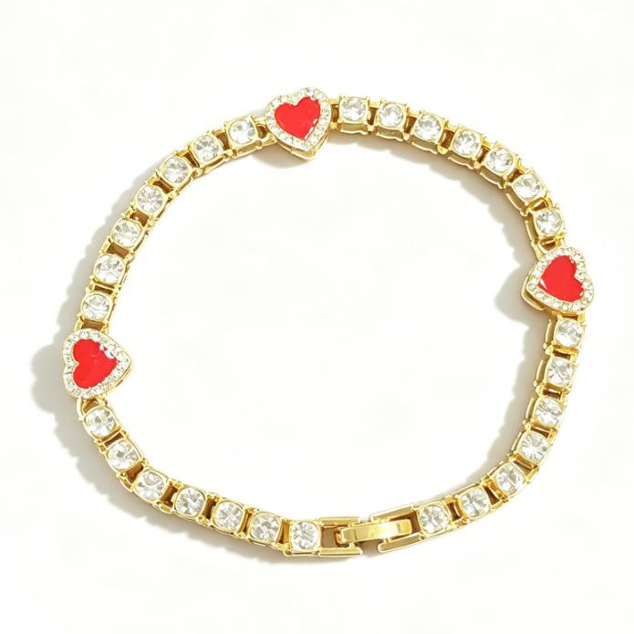 Explosive Alloy Heart-shaped Oil Dripping 5mm Tennis Chain Bracelet with Rhinestones, Versatile Hand Accessories and Accessories