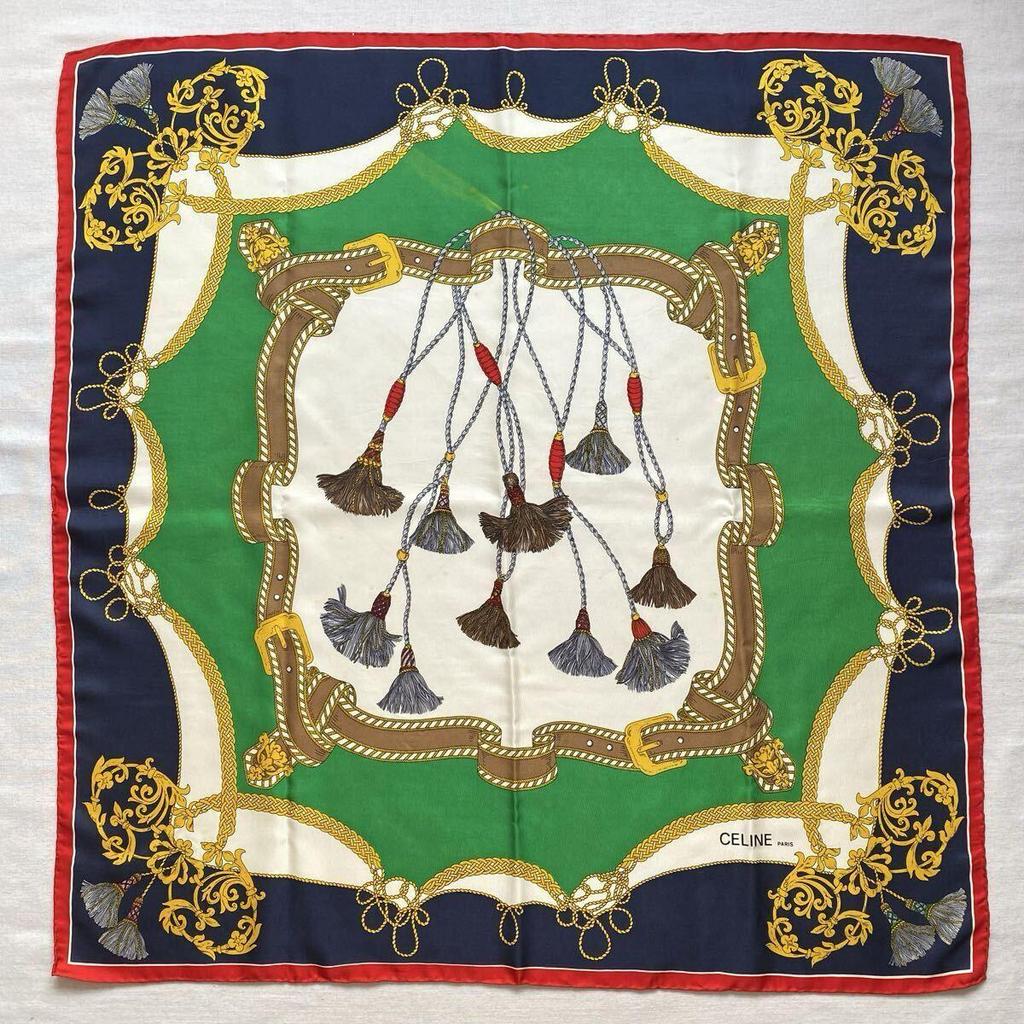 Used CELINE Scarf Silk Tassel Navy Green Red Large Vintage