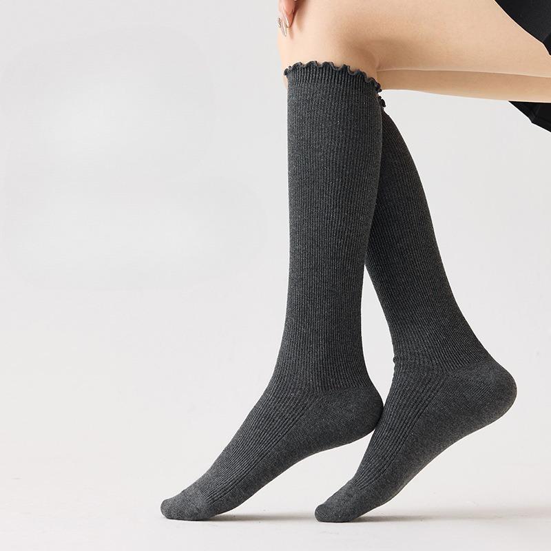 Dui Dui Socks, Double-needle Calf Socks, Women's Autumn and Winter Black Ear-trimmed Cotton Socks, Long Stockings, Boots, Lace Socks