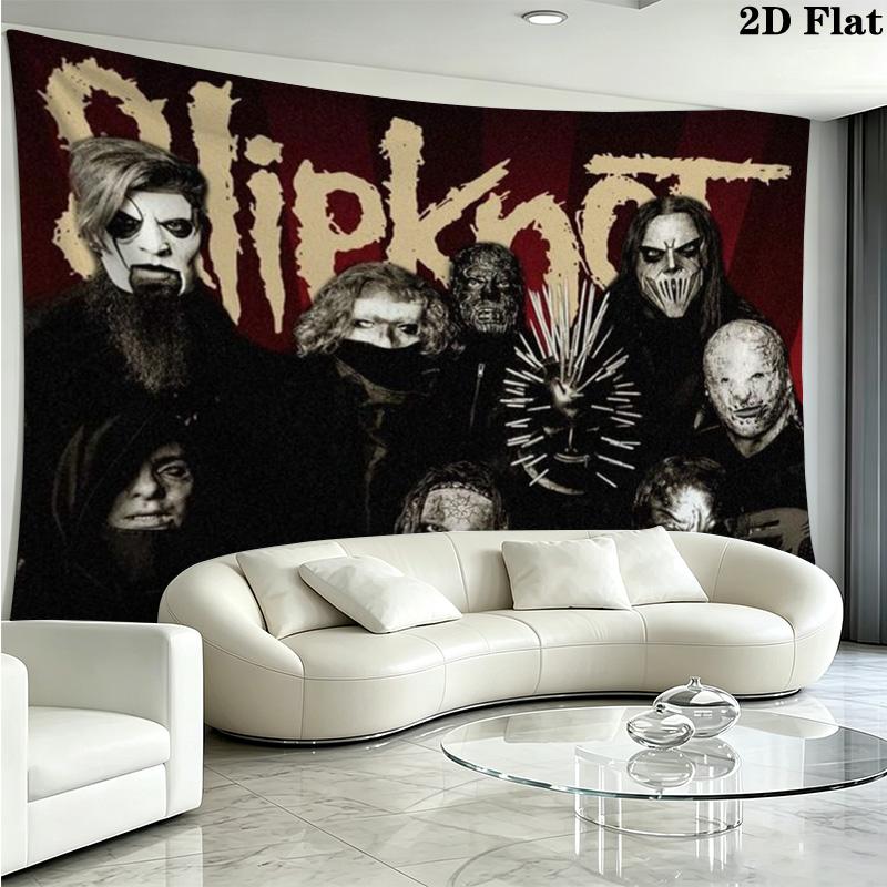 Slipknot Cartoon Masked Members Tapestry, Red Background Band Portrait Wall Hanging for Rock Fans