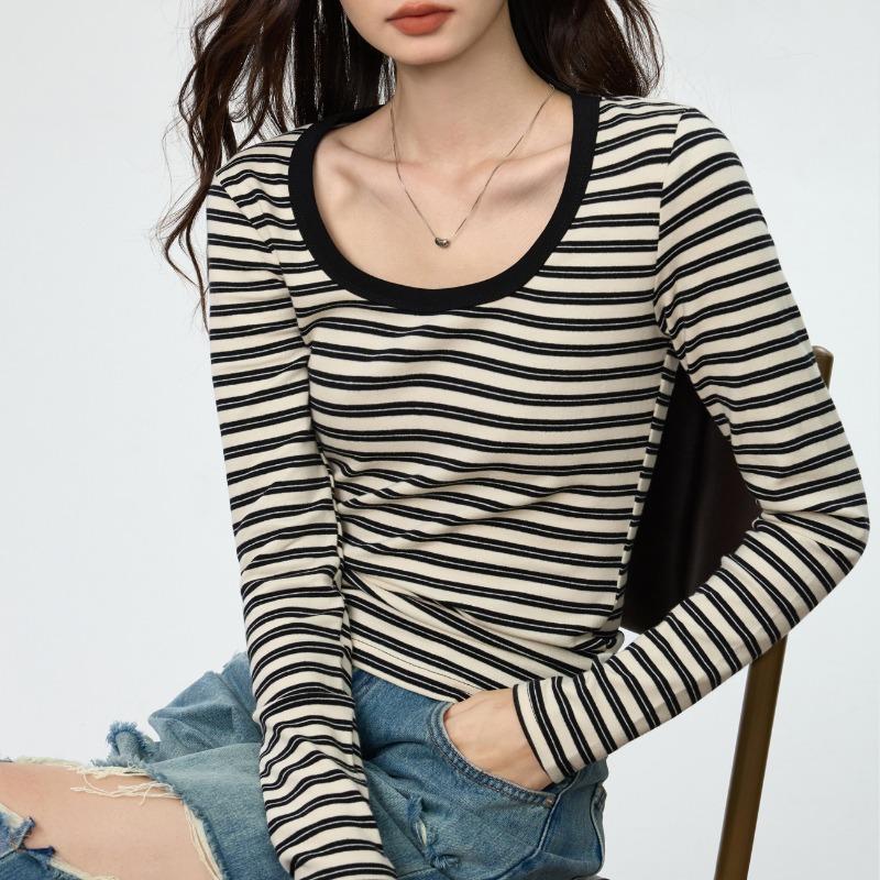 Women Striped Colorblock Round Neck Long Sleeve Cotton Bottoming T Shirt Top