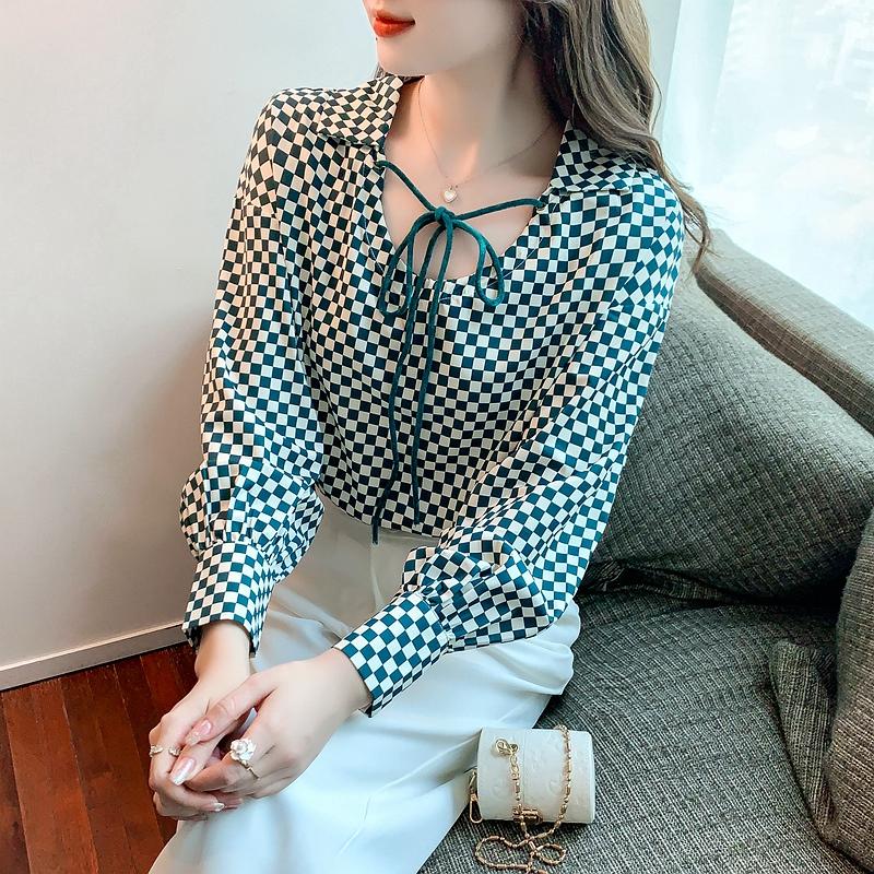 Women Blouses Shirts 2025 Spring Long Sleeve Women Blouse Shirt O-Neck Plaid Chiffon Blouse Shirt Women Tops J585