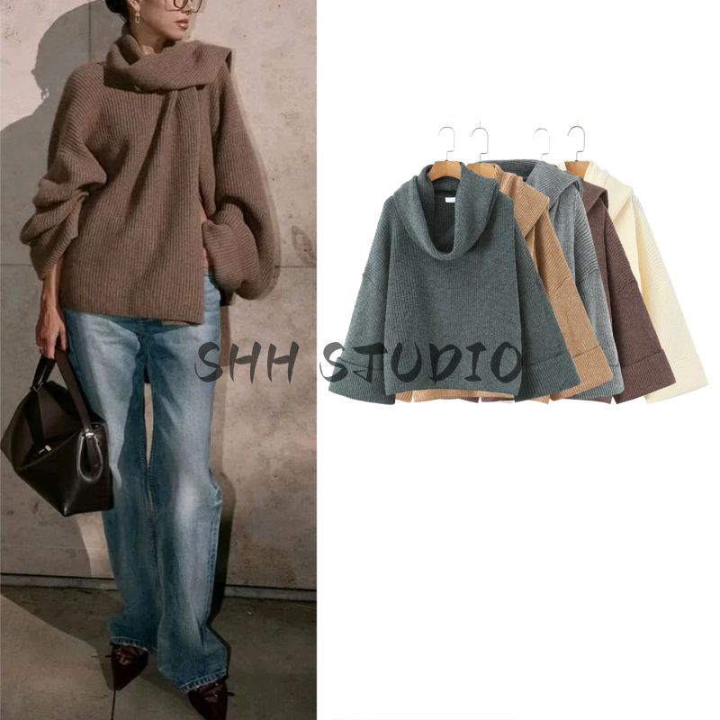 Fall New Women's Clothing French Retro Design Idle Style Loose Scarf Sweater Knitted Cardigan Top